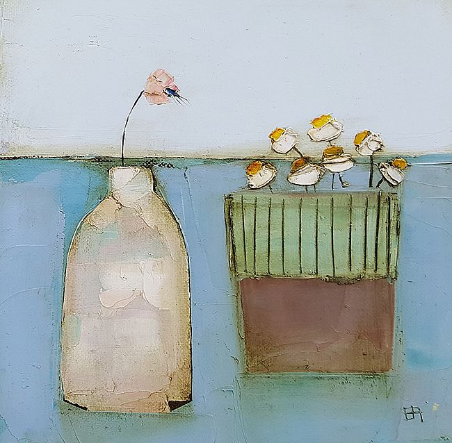 Eithne  Roberts - White bottle and daisies on blue